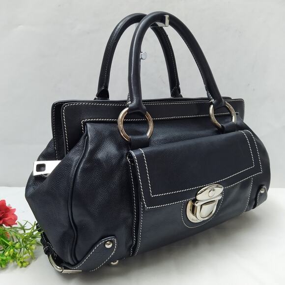 Marc Jacobs Black Leather Pushlock Pocket Double Handles Zipper Satchel Bag - Picture 15 of 16